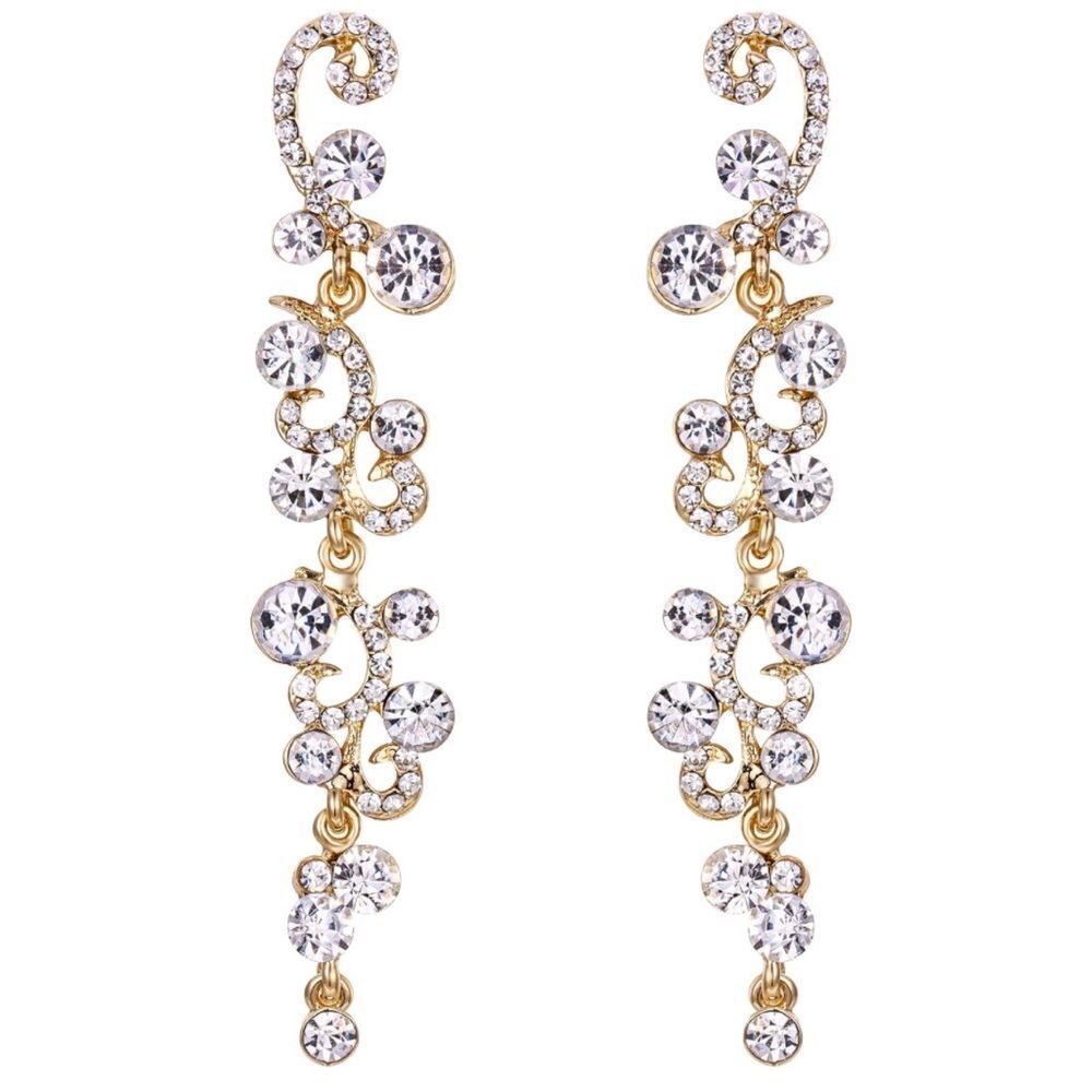 Yellow Gold with White Diamond Austrian Crystal Wave Statement Post Earrings